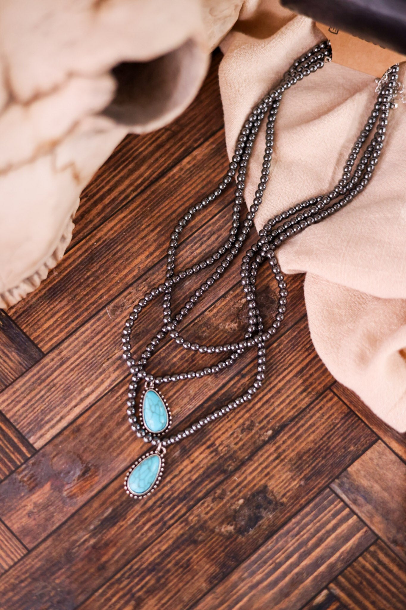 3 - Layer Cowgirl Pearl Necklace With Teardrop Pendants - Whiskey Skies - BOHO RANCH SHOP