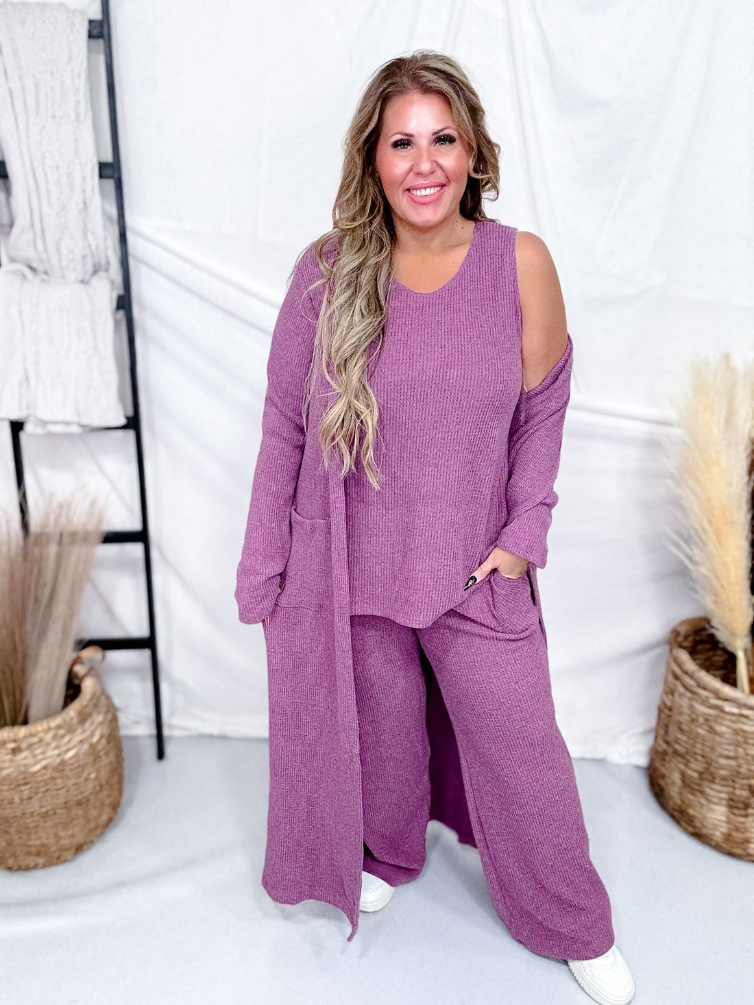 3 Piece Brushed Thermal Loungewear Set With Cardigan (8 Colors) - Whiskey Skies - DEAR SCARLETT
