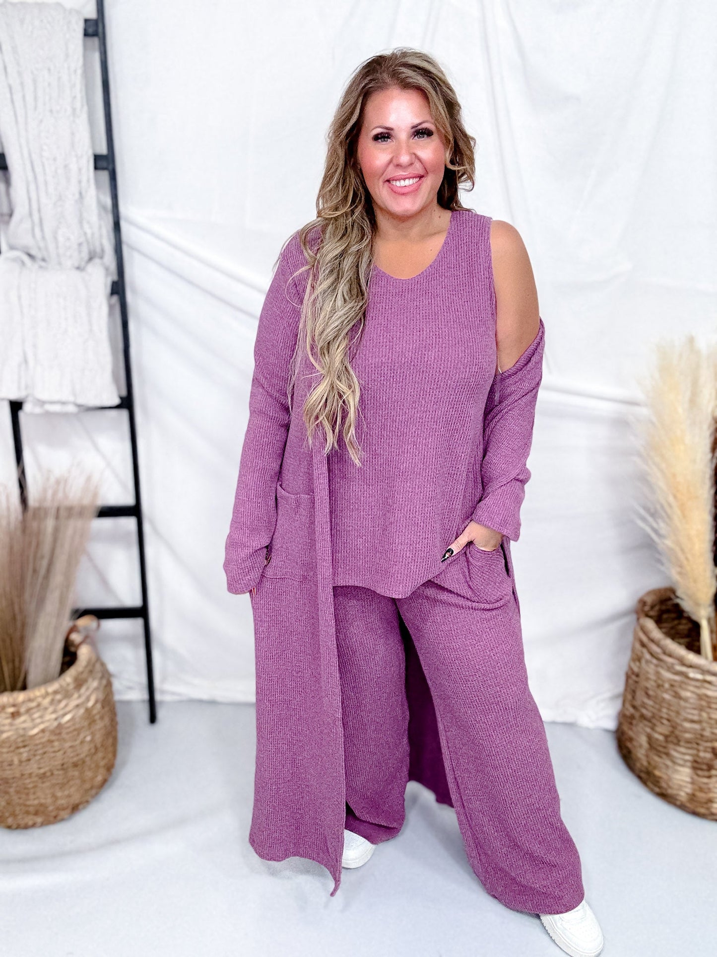 3 Piece Brushed Thermal Loungewear Set With Cardigan (8 Colors) - Whiskey Skies - DEAR SCARLETT