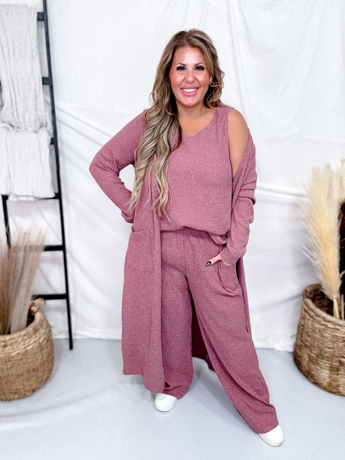 3 Piece Brushed Thermal Loungewear Set With Cardigan (8 Colors) - Whiskey Skies - DEAR SCARLETT