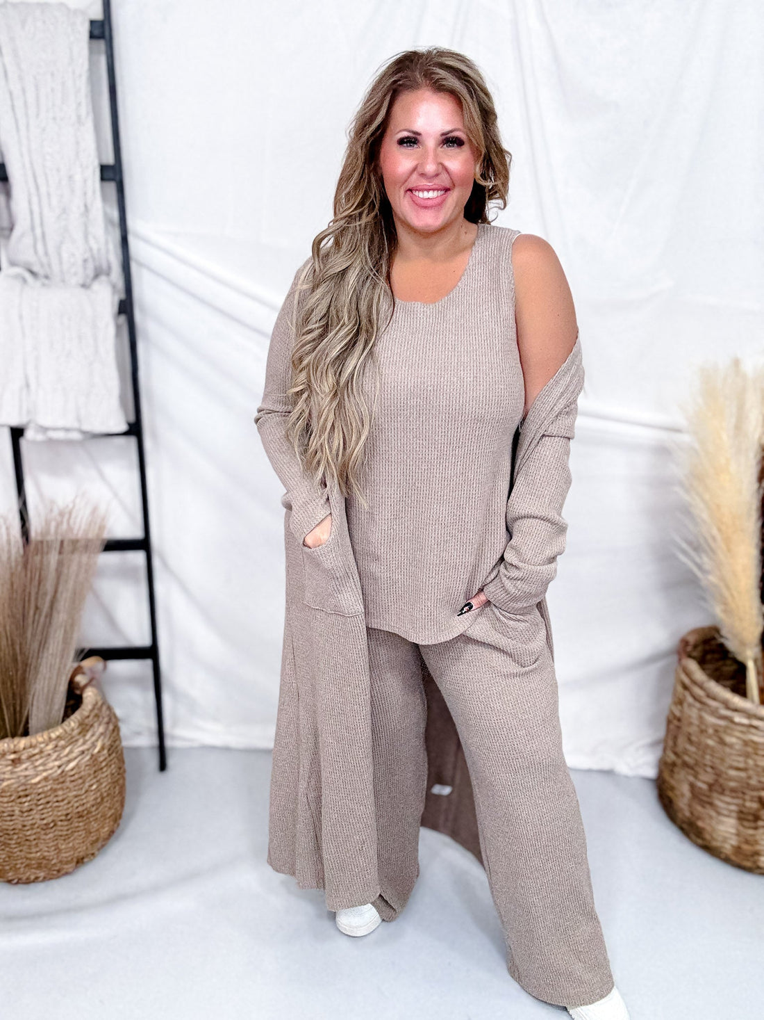 3 Piece Brushed Thermal Loungewear Set With Cardigan (8 Colors) - Whiskey Skies - DEAR SCARLETT