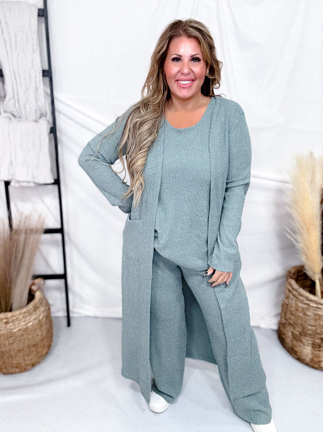 3 Piece Brushed Thermal Loungewear Set With Cardigan (8 Colors) - Whiskey Skies - DEAR SCARLETT
