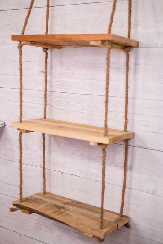 3 - Tiered Wood & Rope Wall Shelf - Whiskey Skies - KALALOU