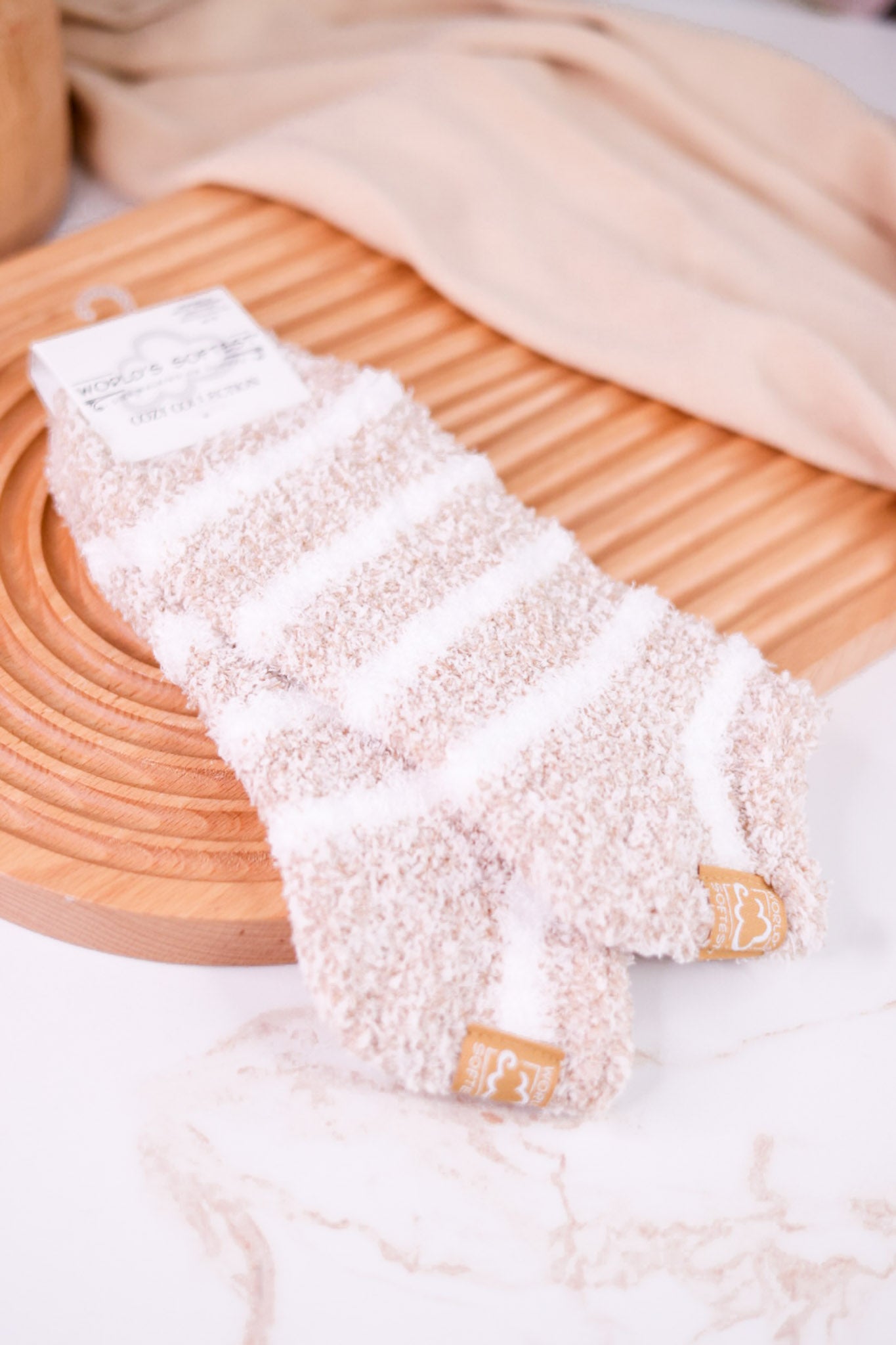 Oatmeal & White Striped Fuzzy Ankle Socks