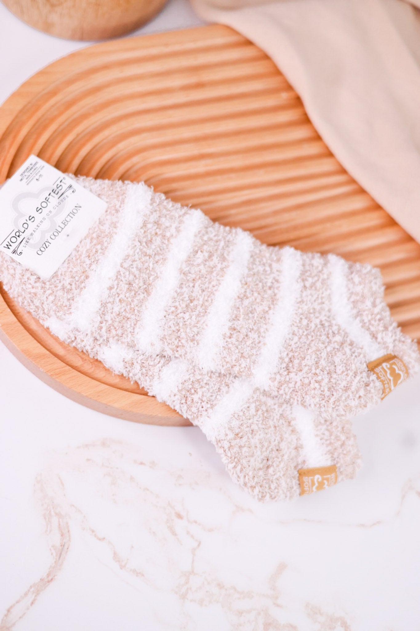 Oatmeal & White Striped Fuzzy Ankle Socks