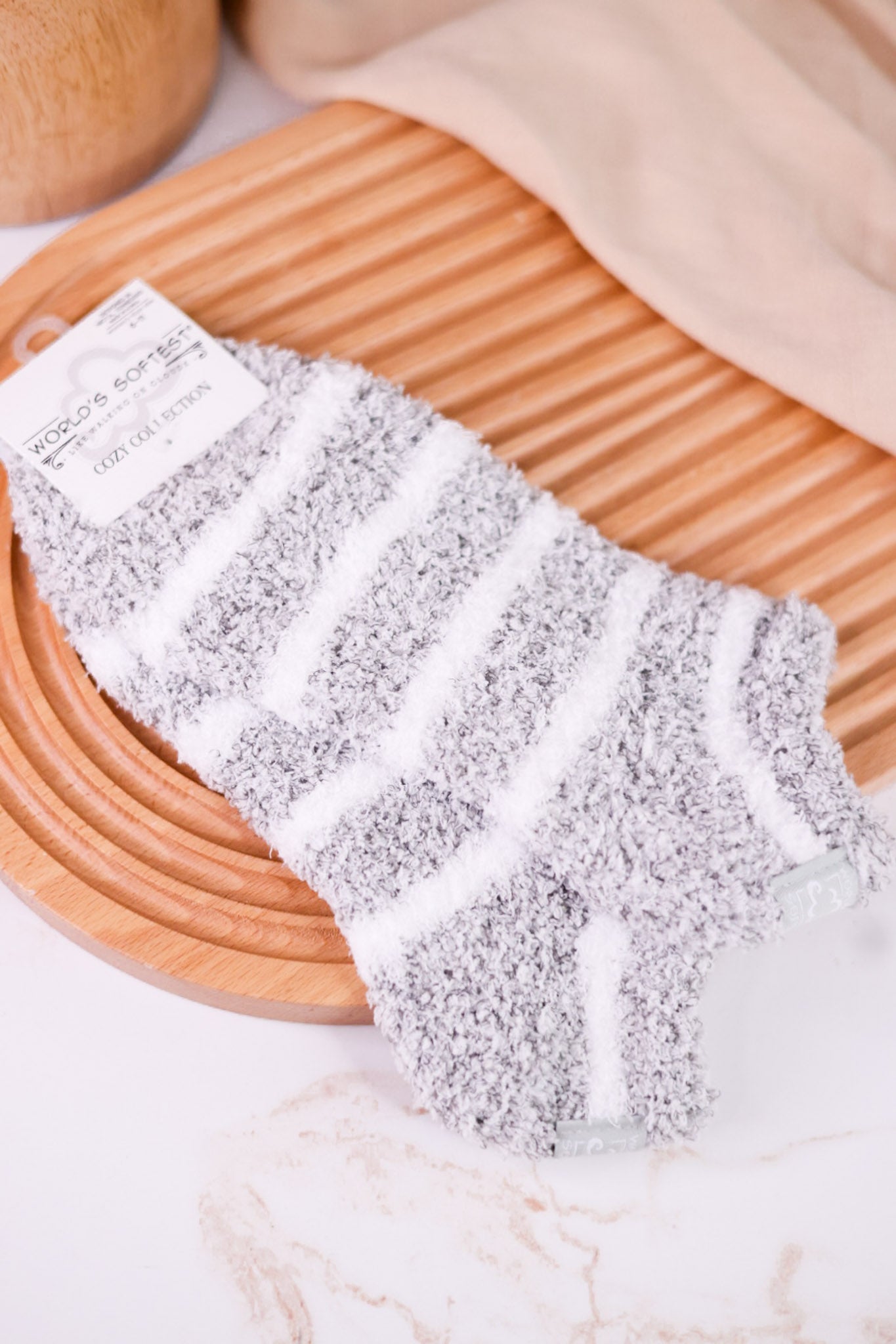 Gray & White Striped Fuzzy Ankle Socks