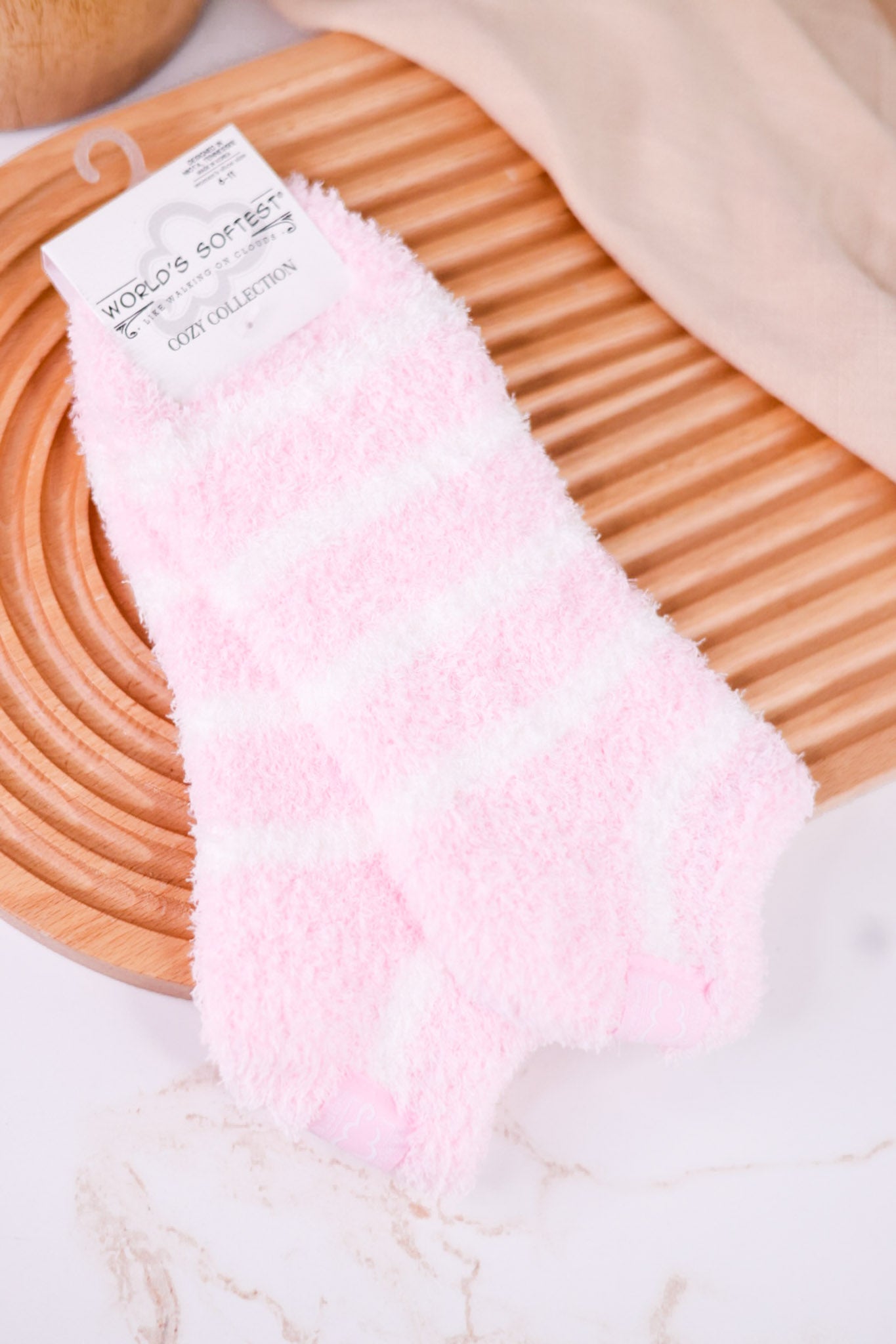 Pink & White Striped Fuzzy Ankle Socks
