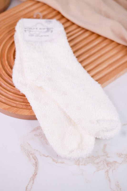 White Fuzzy Quarter Crew Length Grippy Socks