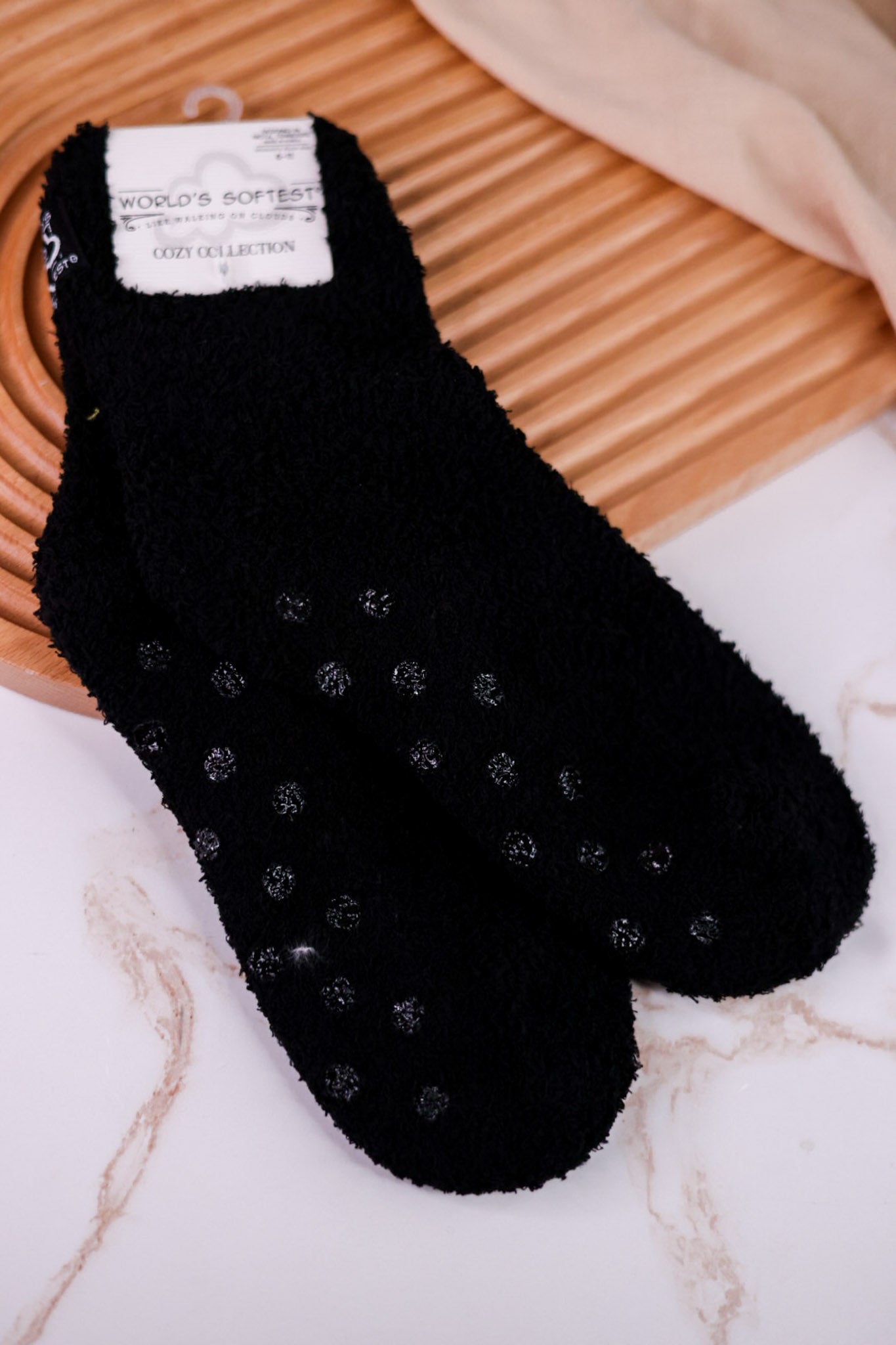 Black Fuzzy Quarter Crew Length Grippy Socks