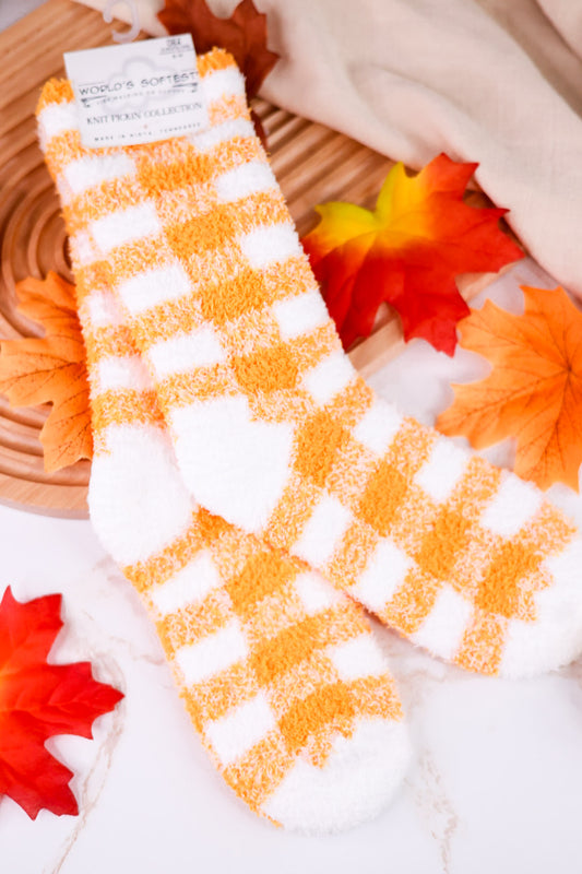 Orange & White Checkered Fuzzy Socks