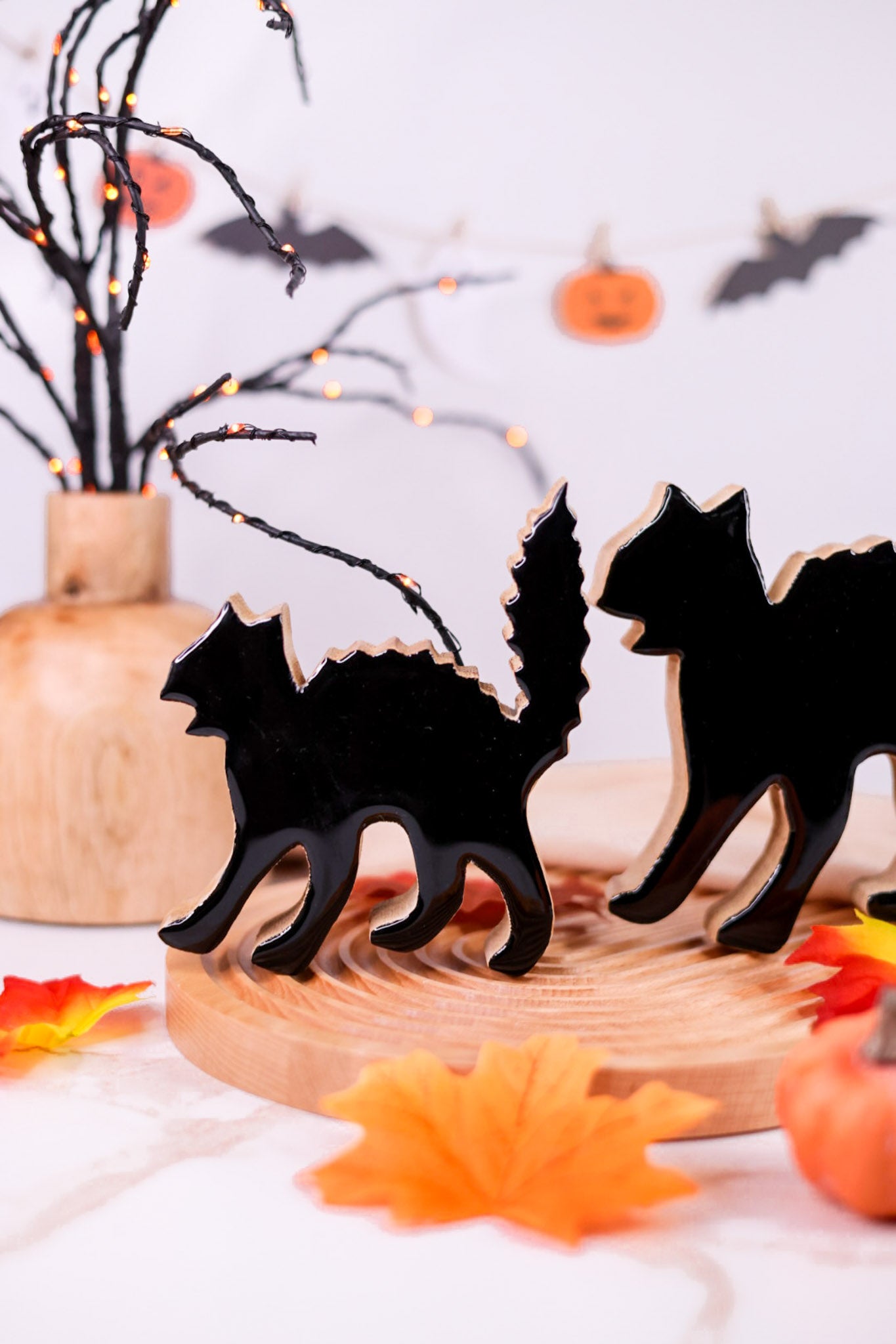 Set of 2 Wood & Enamel Black Cats