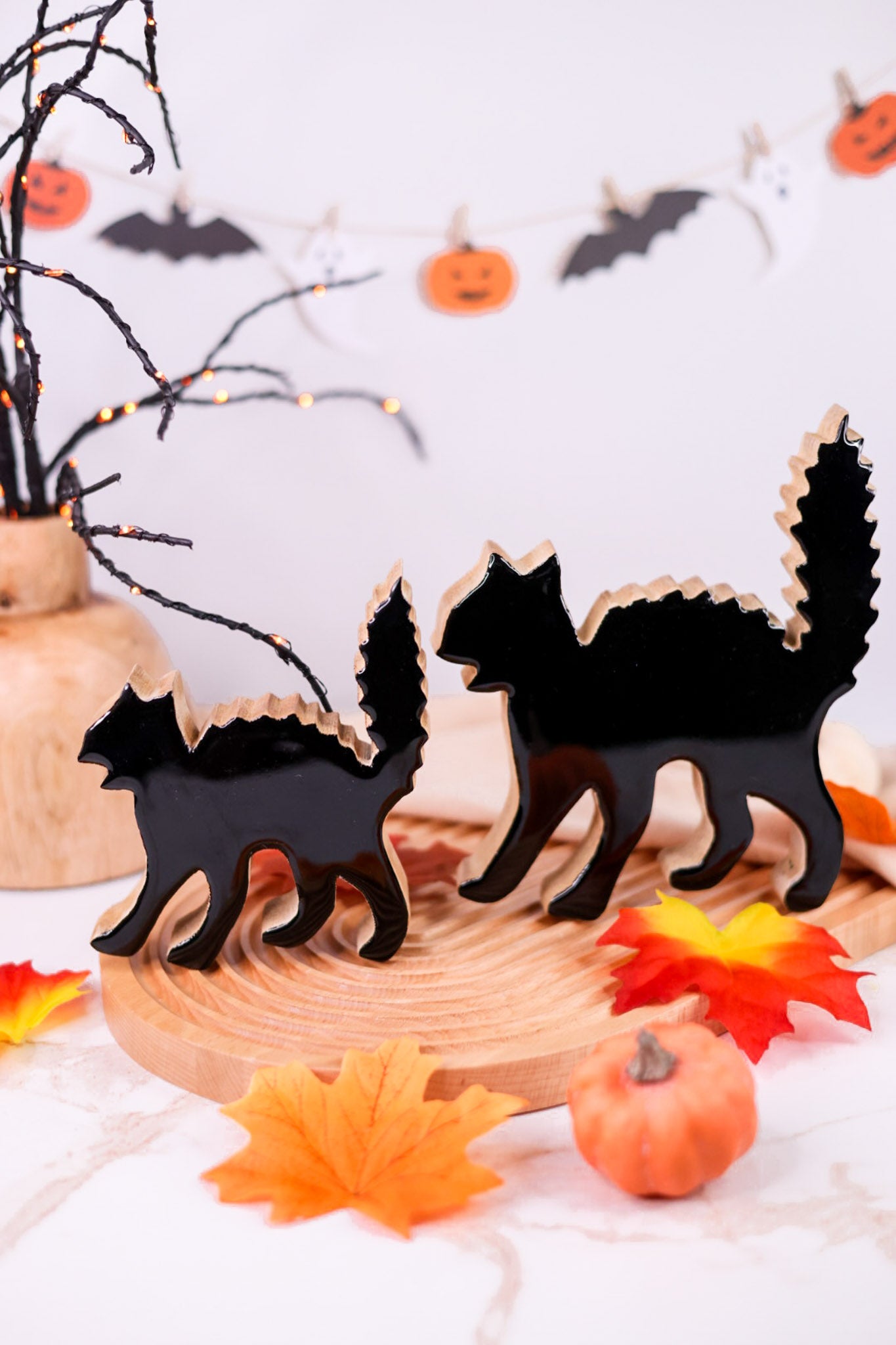 Set of 2 Wood & Enamel Black Cats
