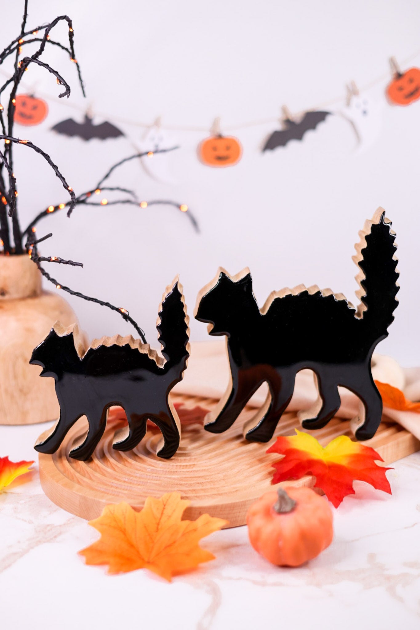 Set of 2 Wood & Enamel Black Cats
