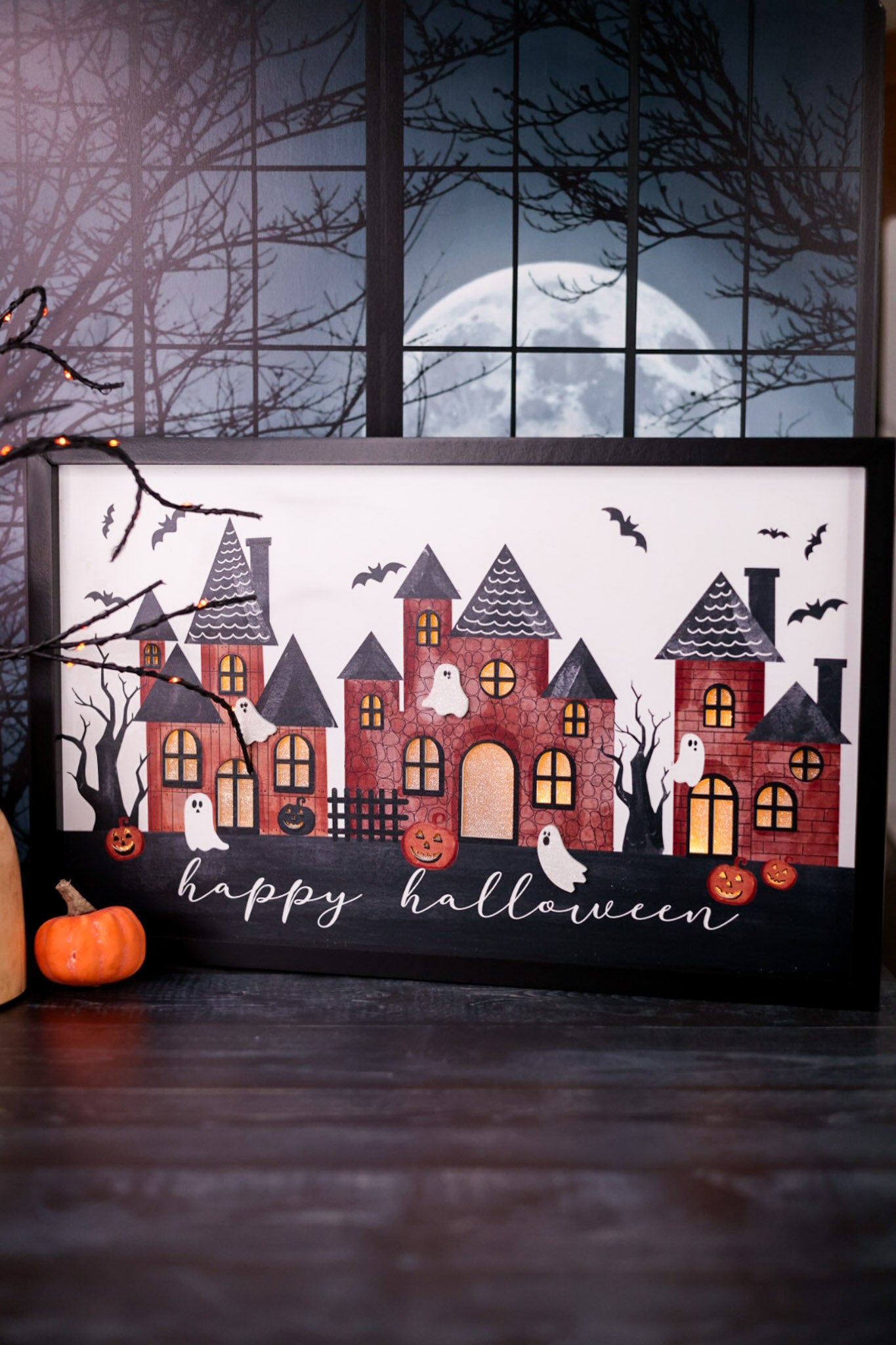 Framed LED Happy Halloween Haunted House Sign