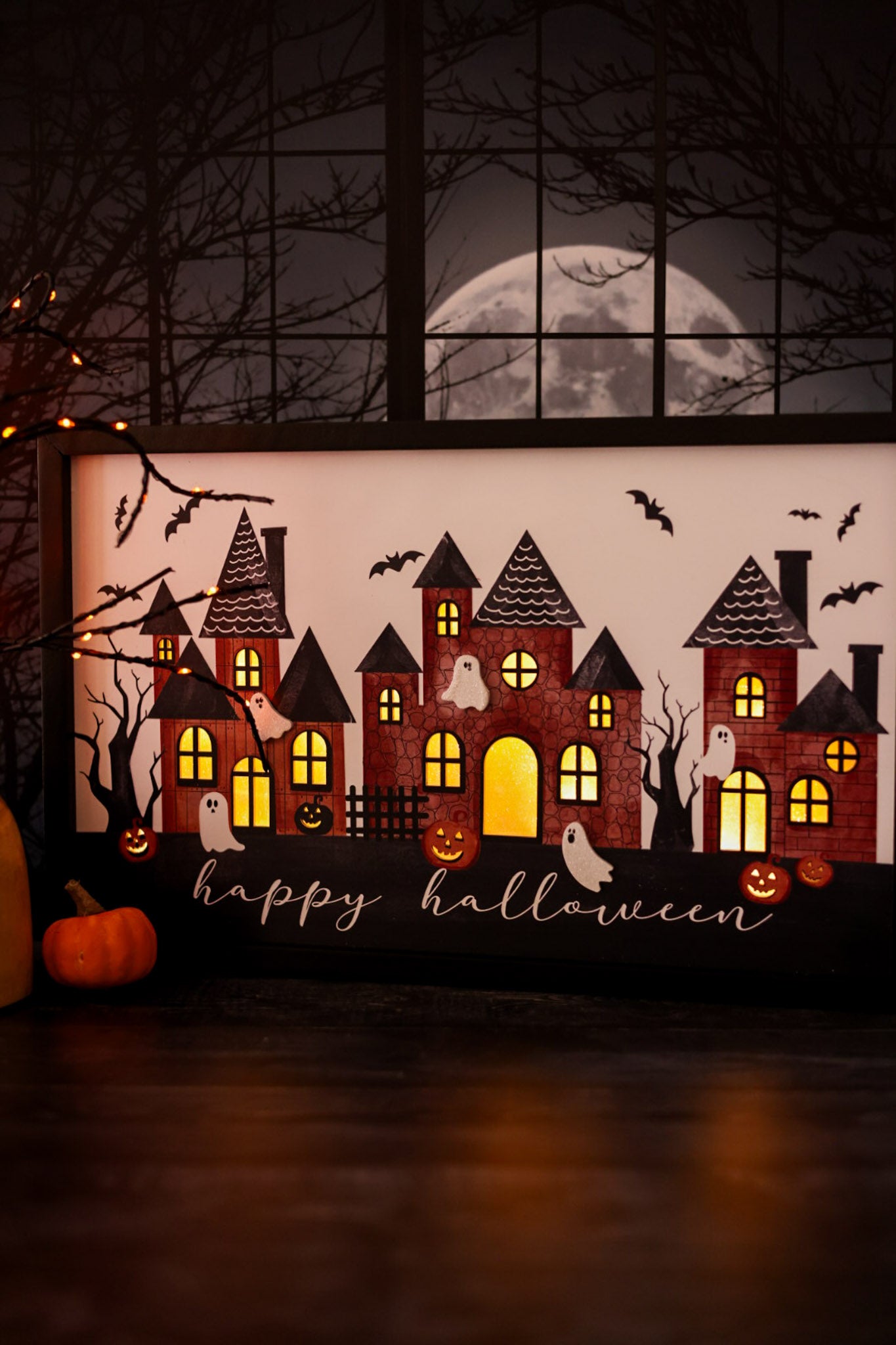 Framed LED Happy Halloween Haunted House Sign