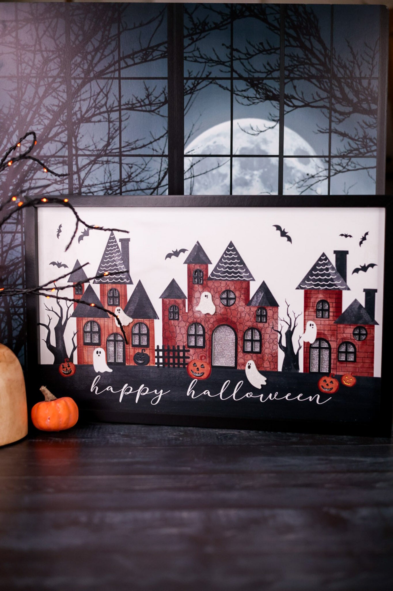 Framed LED Happy Halloween Haunted House Sign