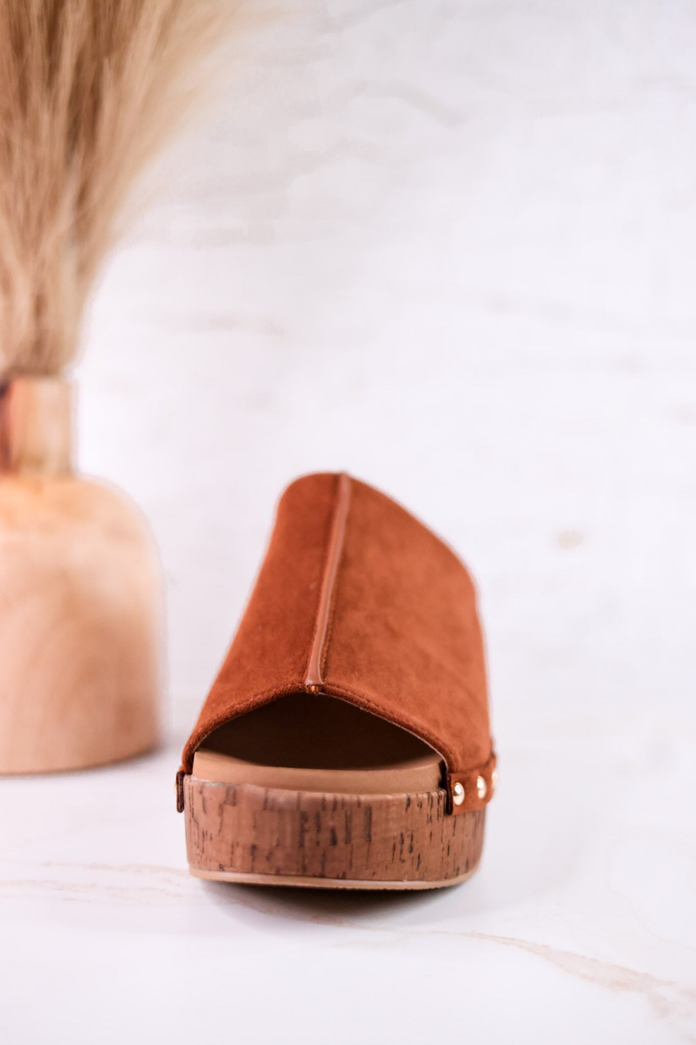 Chestnut Brown Faux Suede Platform Wedges With Studs