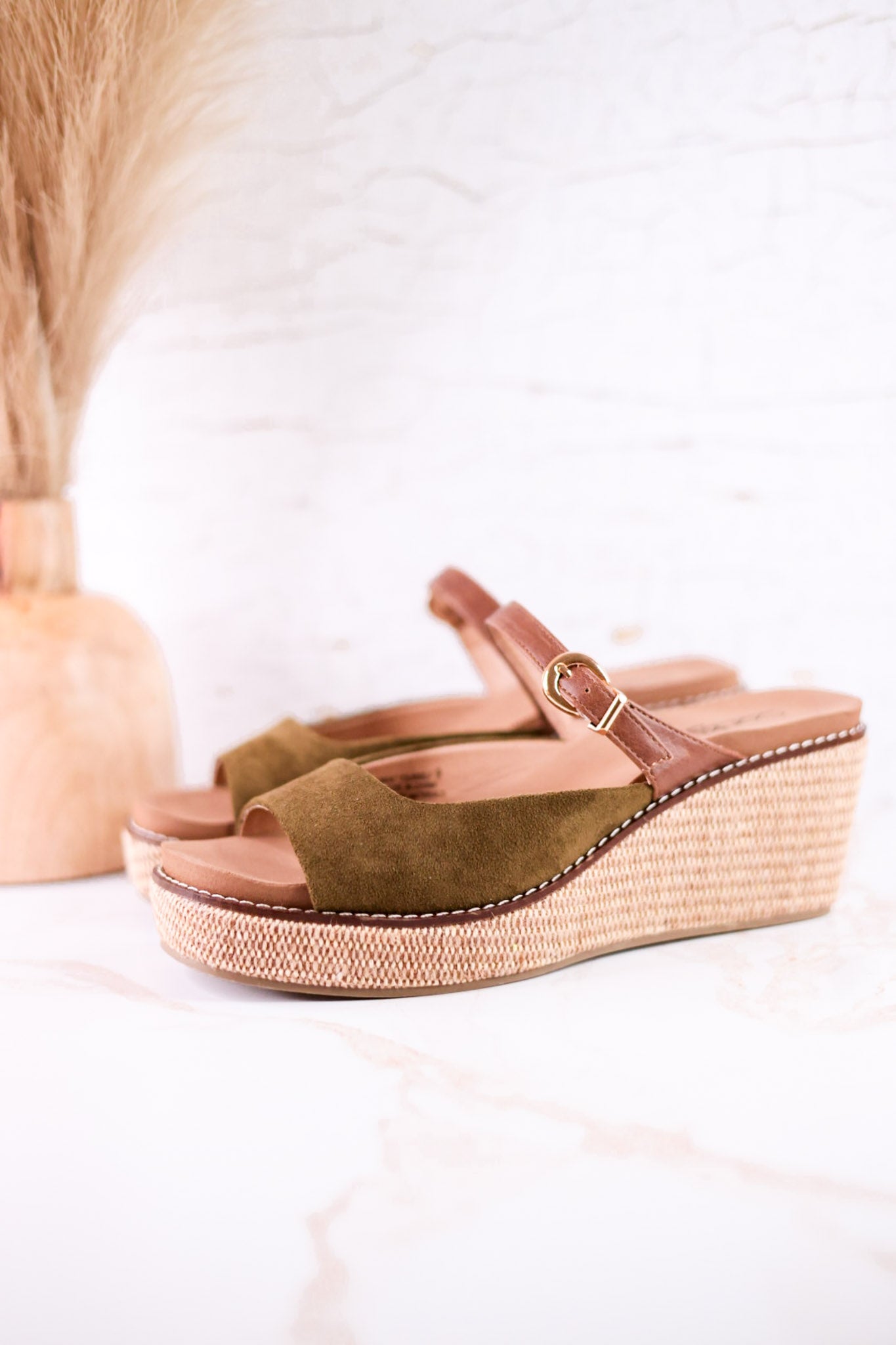 Treat Yourself Moss Green Faux Suede Peep Toe Wedges