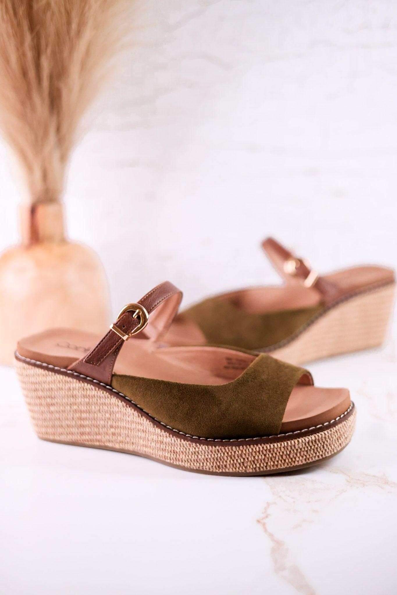 Treat Yourself Moss Green Faux Suede Peep Toe Wedges