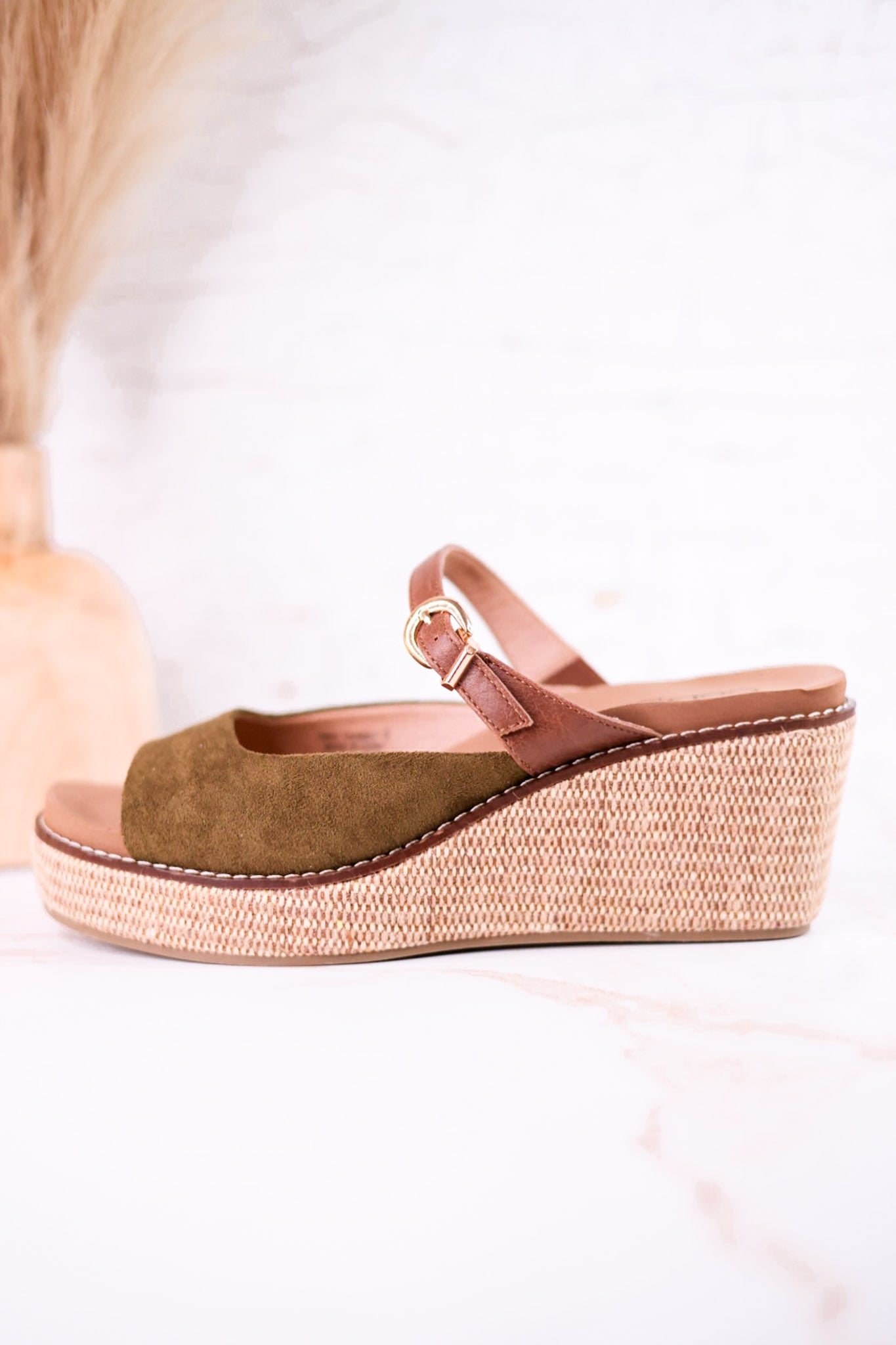 Treat Yourself Moss Green Faux Suede Peep Toe Wedges