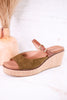 Treat Yourself Moss Green Faux Suede Peep Toe Wedges