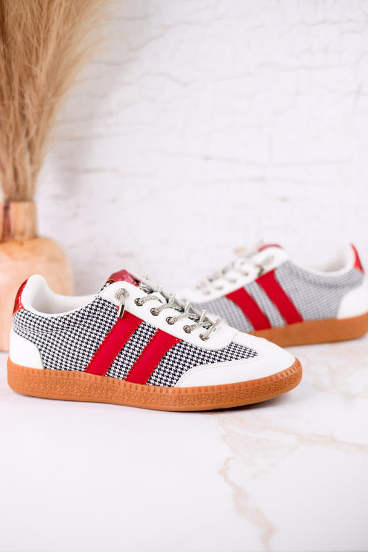 Heads Up Black & White Houndstooth Sneakers With Red Stripes
