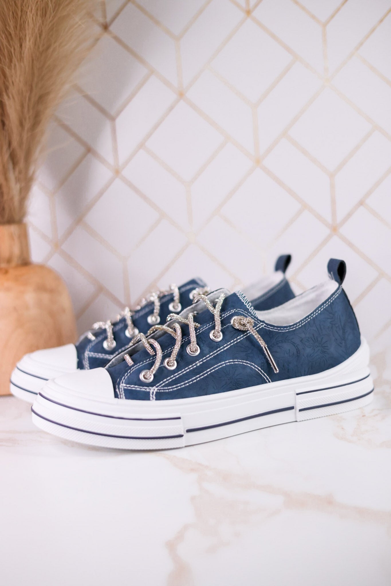 Navy Blue Faux Leather Aman Sneakers With Floral Tooling