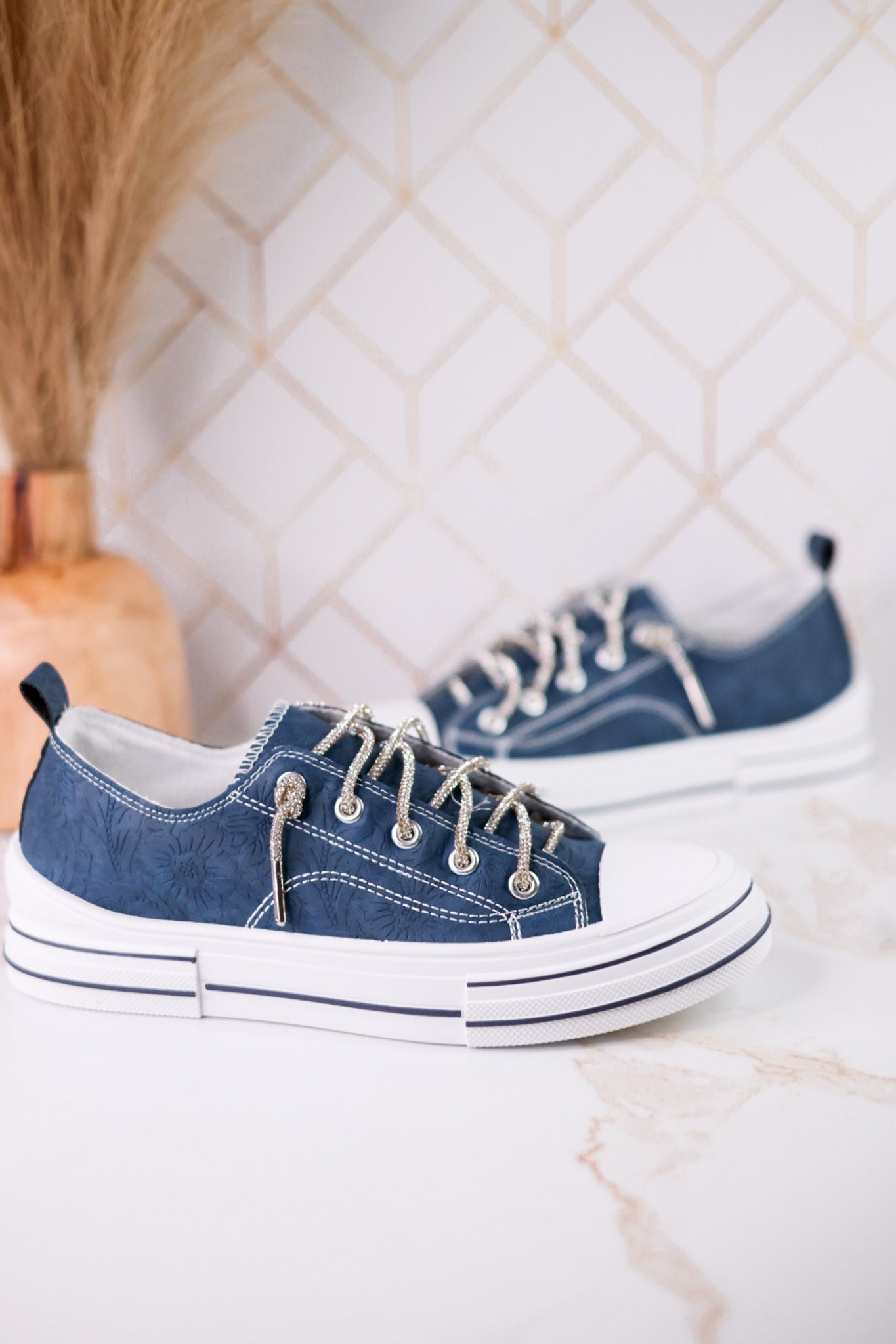 Navy Blue Faux Leather Aman Sneakers With Floral Tooling