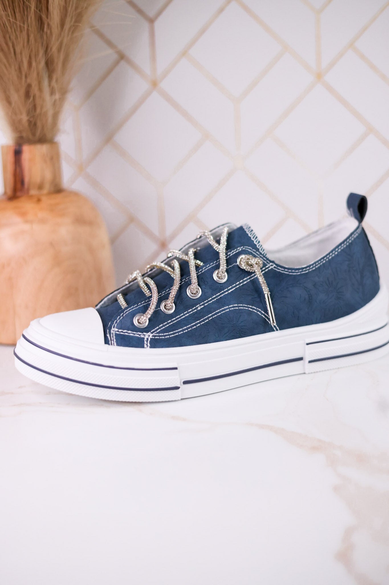 Navy Blue Faux Leather Aman Sneakers With Floral Tooling
