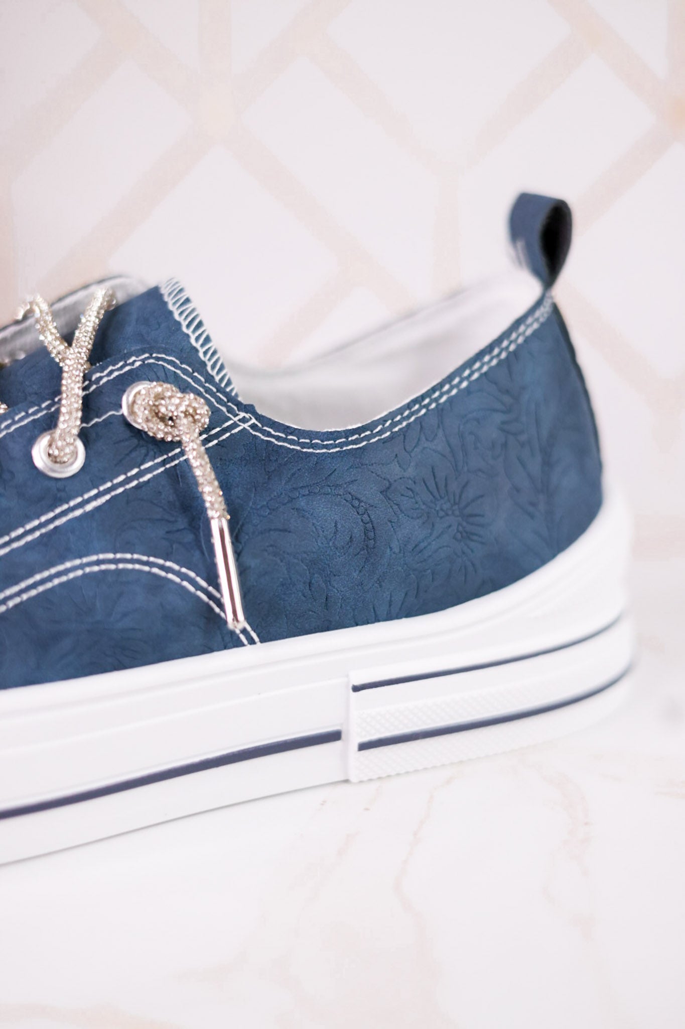 Navy Blue Faux Leather Aman Sneakers With Floral Tooling