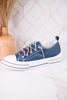 Navy Blue Faux Leather Aman Sneakers With Floral Tooling