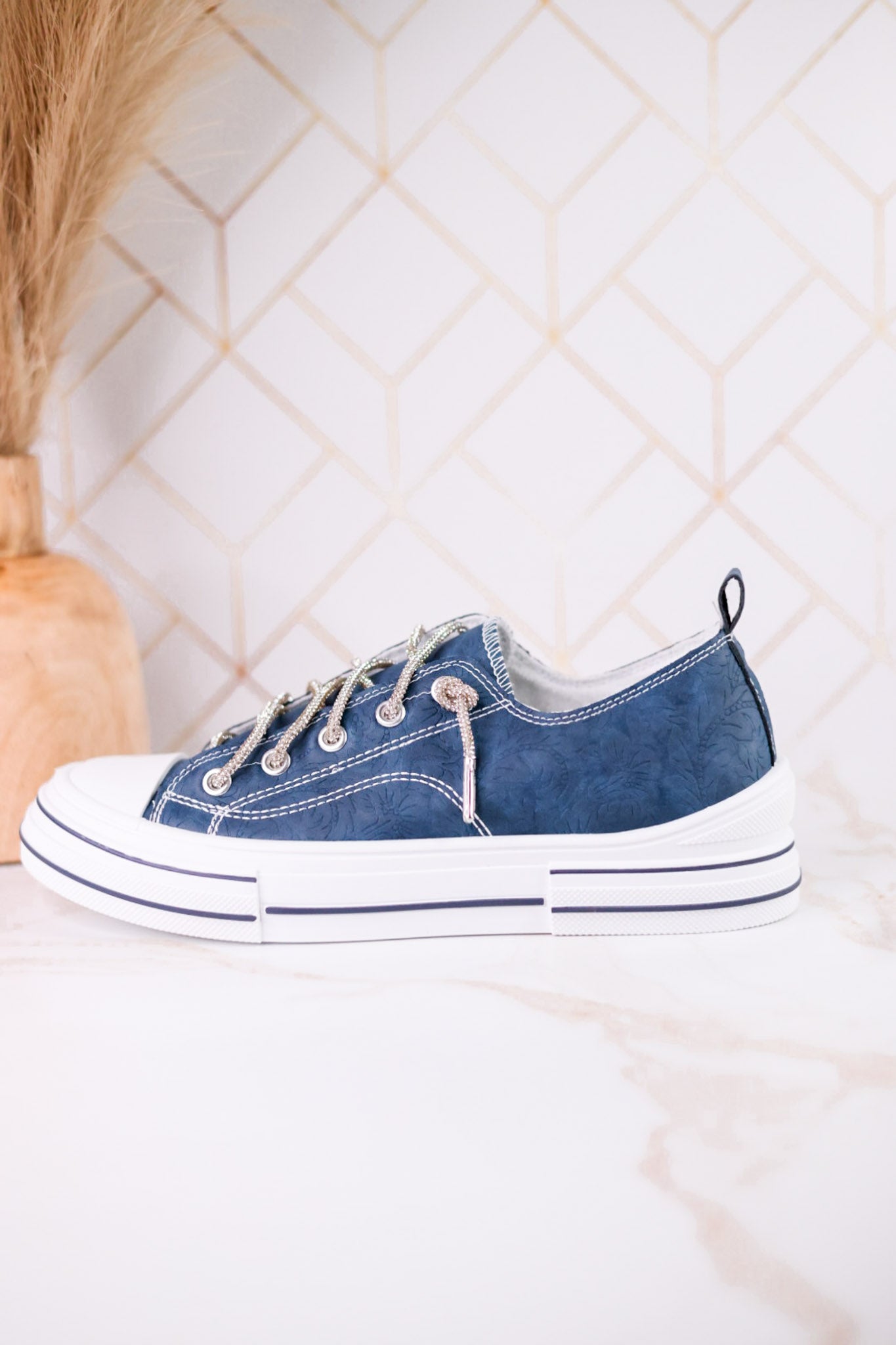 Navy Blue Faux Leather Aman Sneakers With Floral Tooling