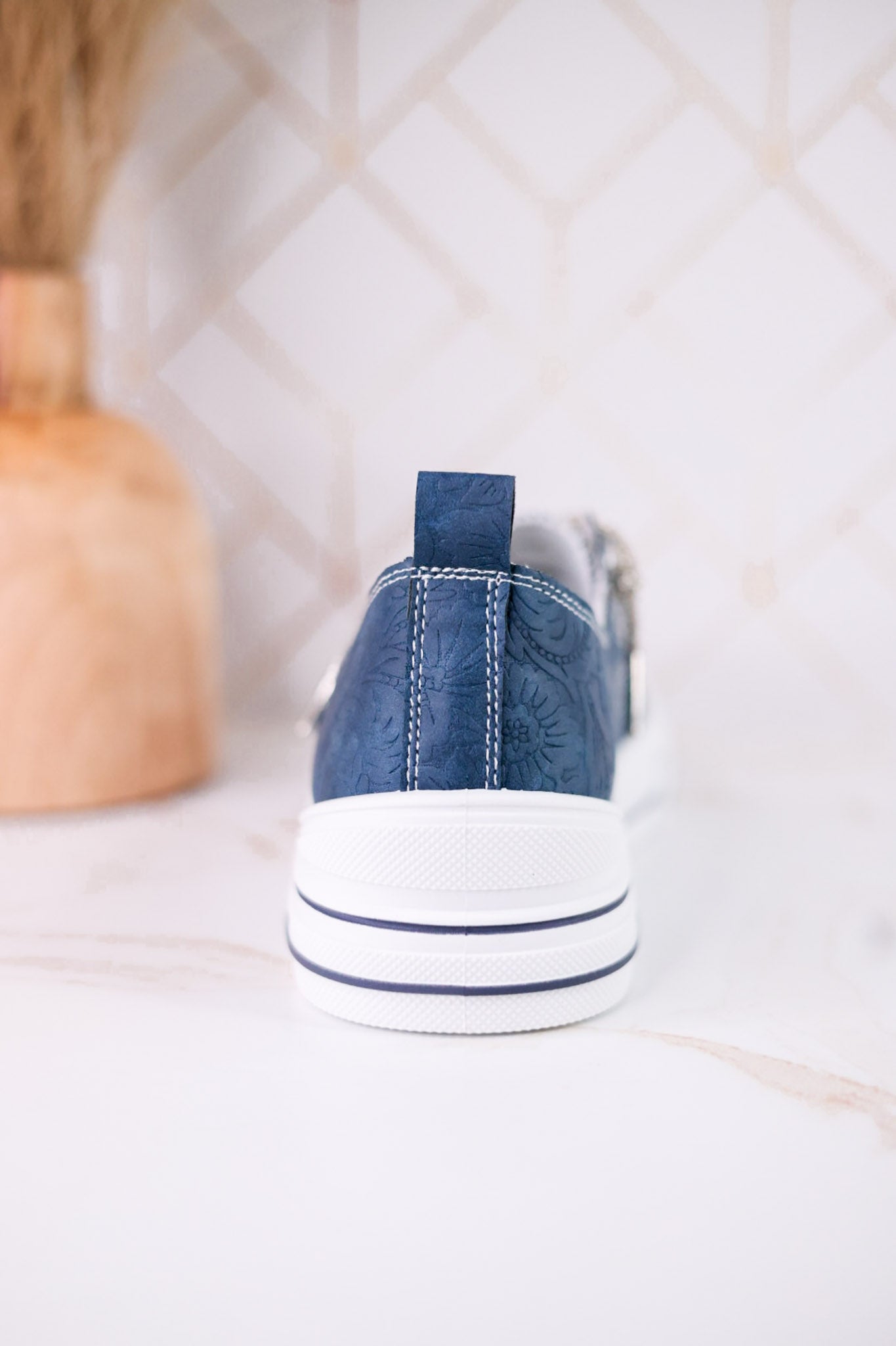 Navy Blue Faux Leather Aman Sneakers With Floral Tooling