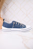 Navy Blue Faux Leather Aman Sneakers With Floral Tooling