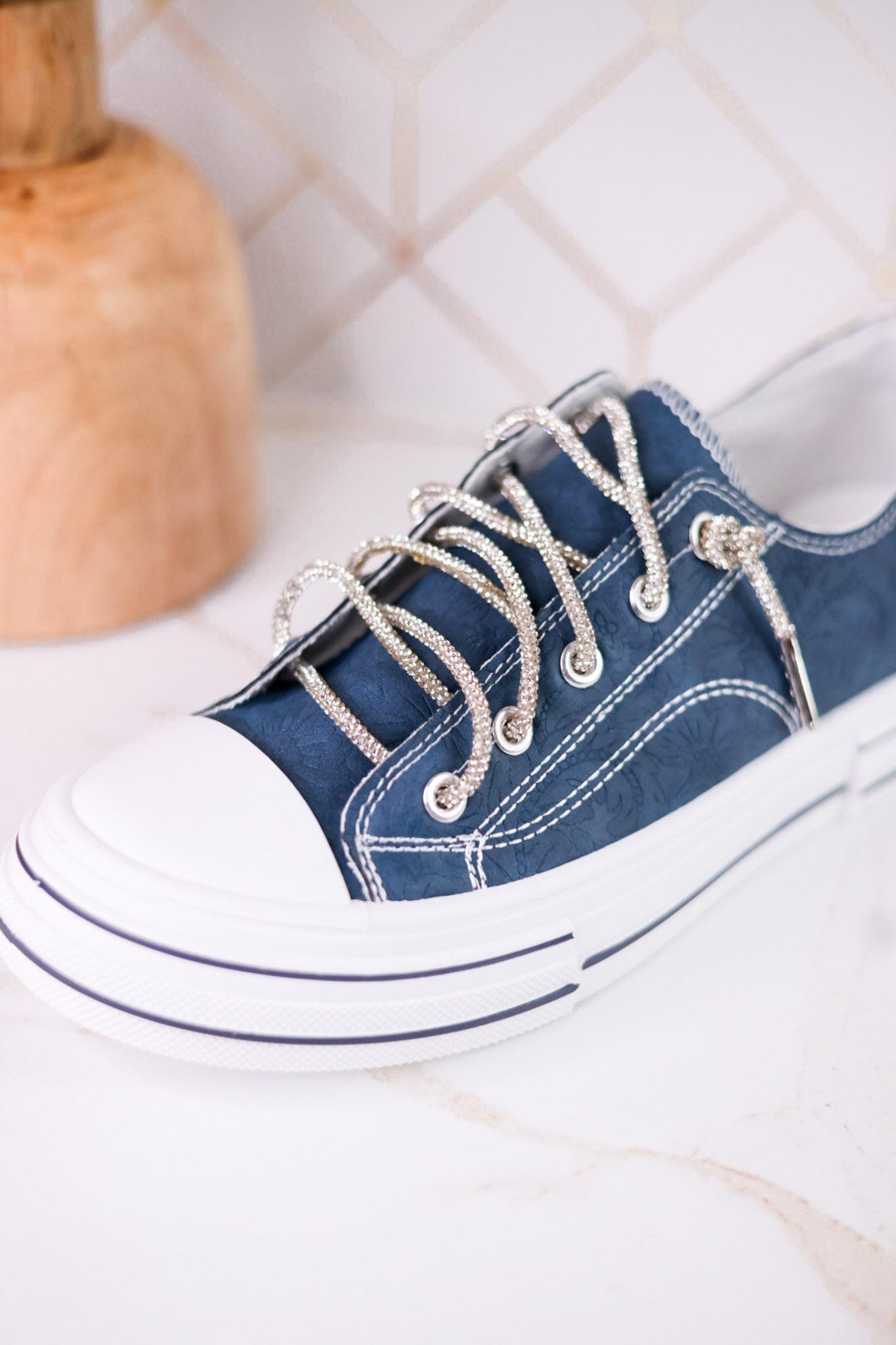 Navy Blue Faux Leather Aman Sneakers With Floral Tooling