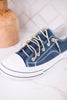 Navy Blue Faux Leather Aman Sneakers With Floral Tooling