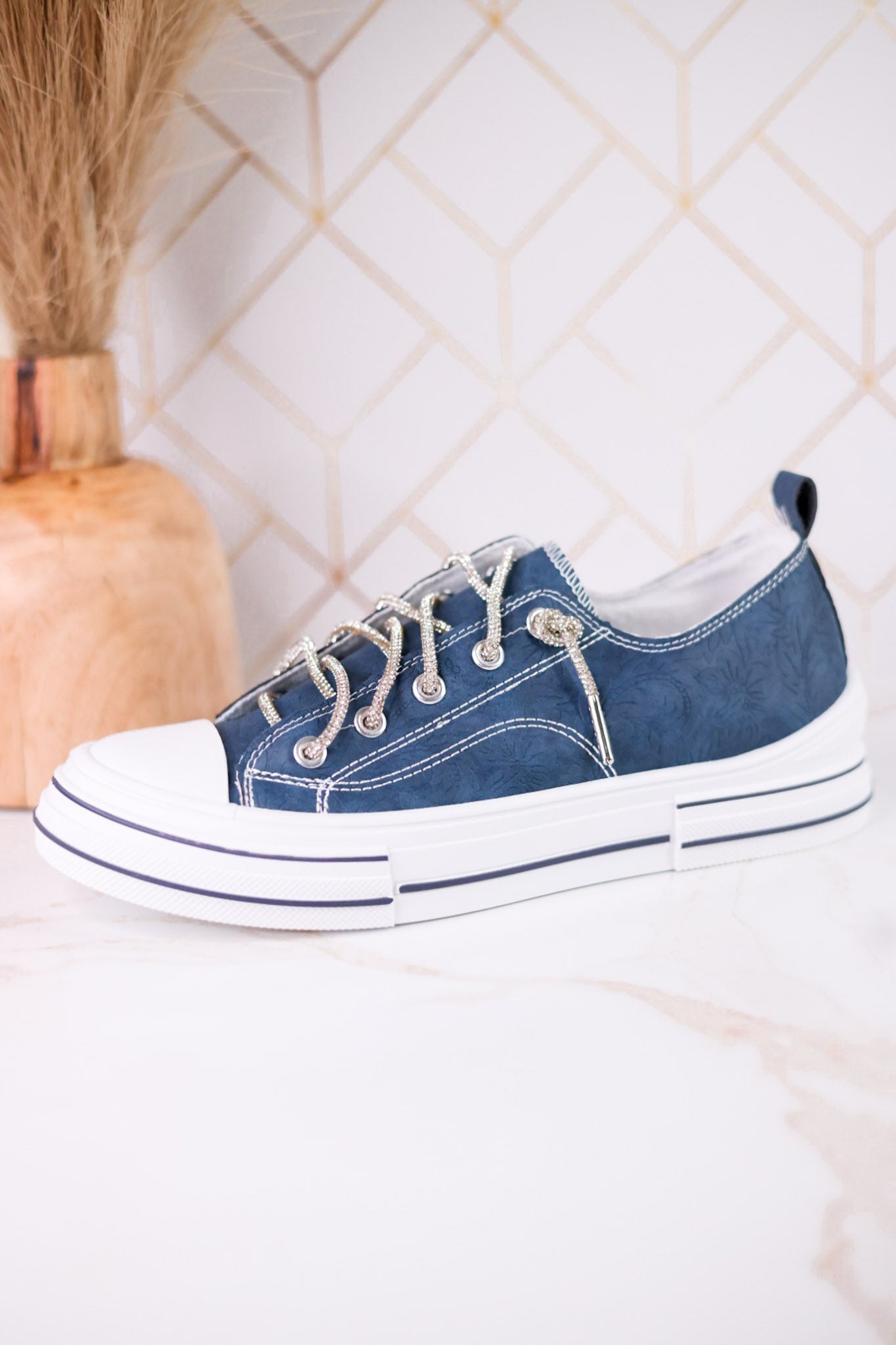 Navy Blue Faux Leather Aman Sneakers With Floral Tooling