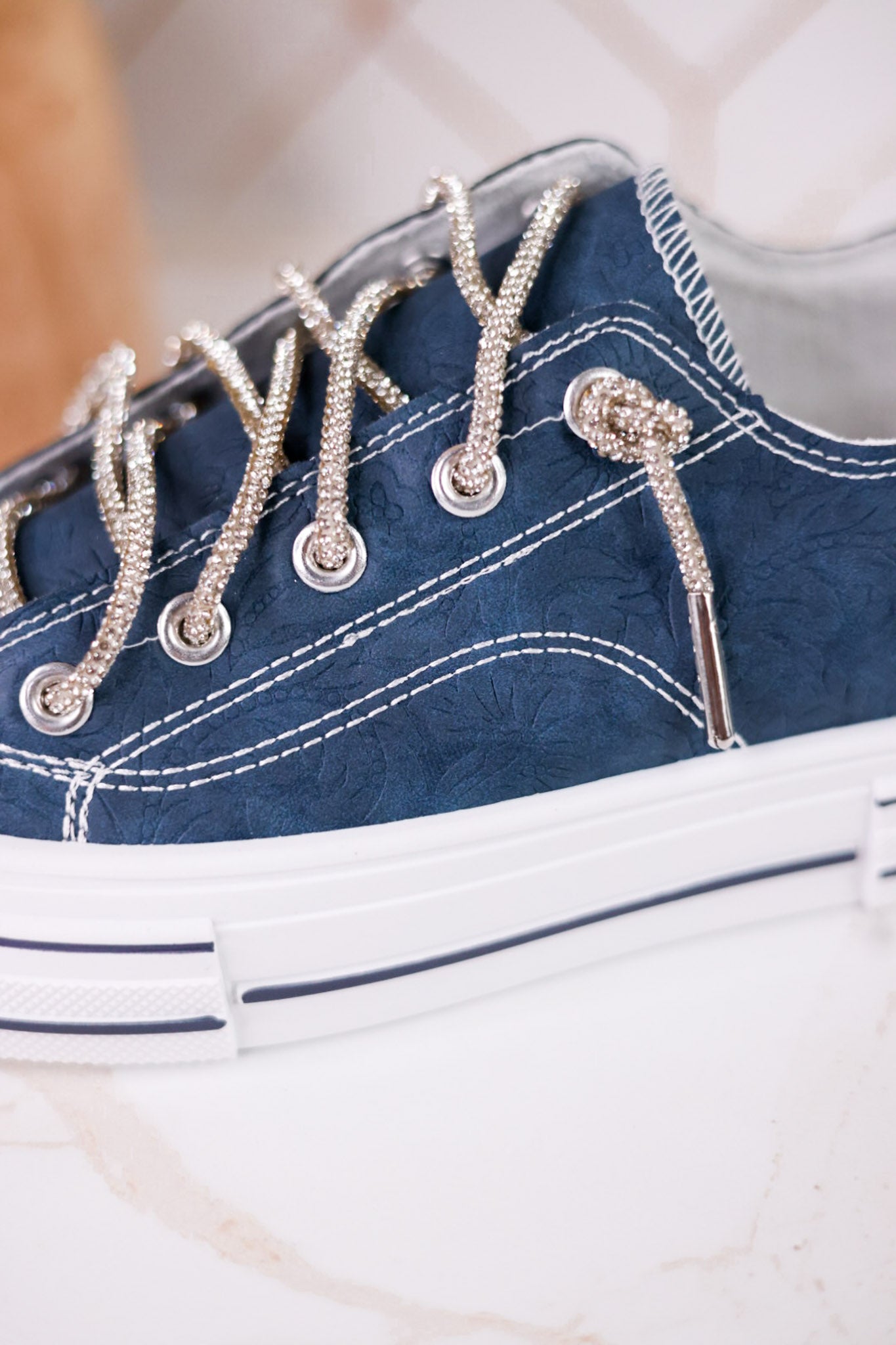 Navy Blue Faux Leather Aman Sneakers With Floral Tooling