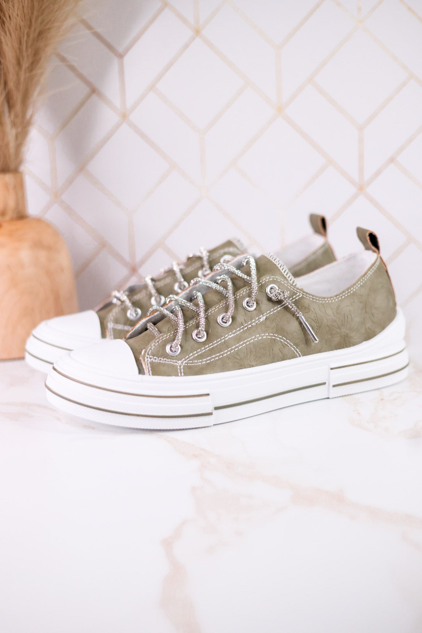 Sage Faux Leather Aman Sneakers With Floral Tooling