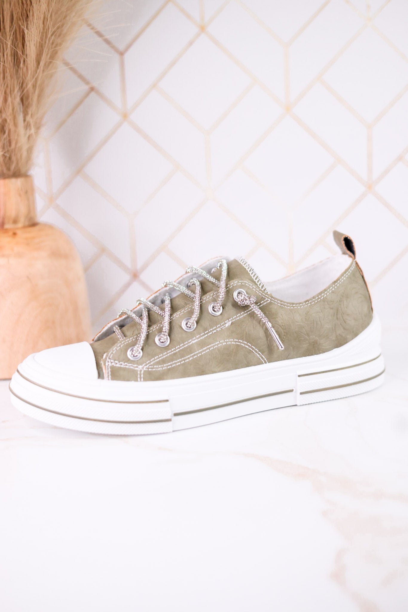 Sage Faux Leather Aman Sneakers With Floral Tooling