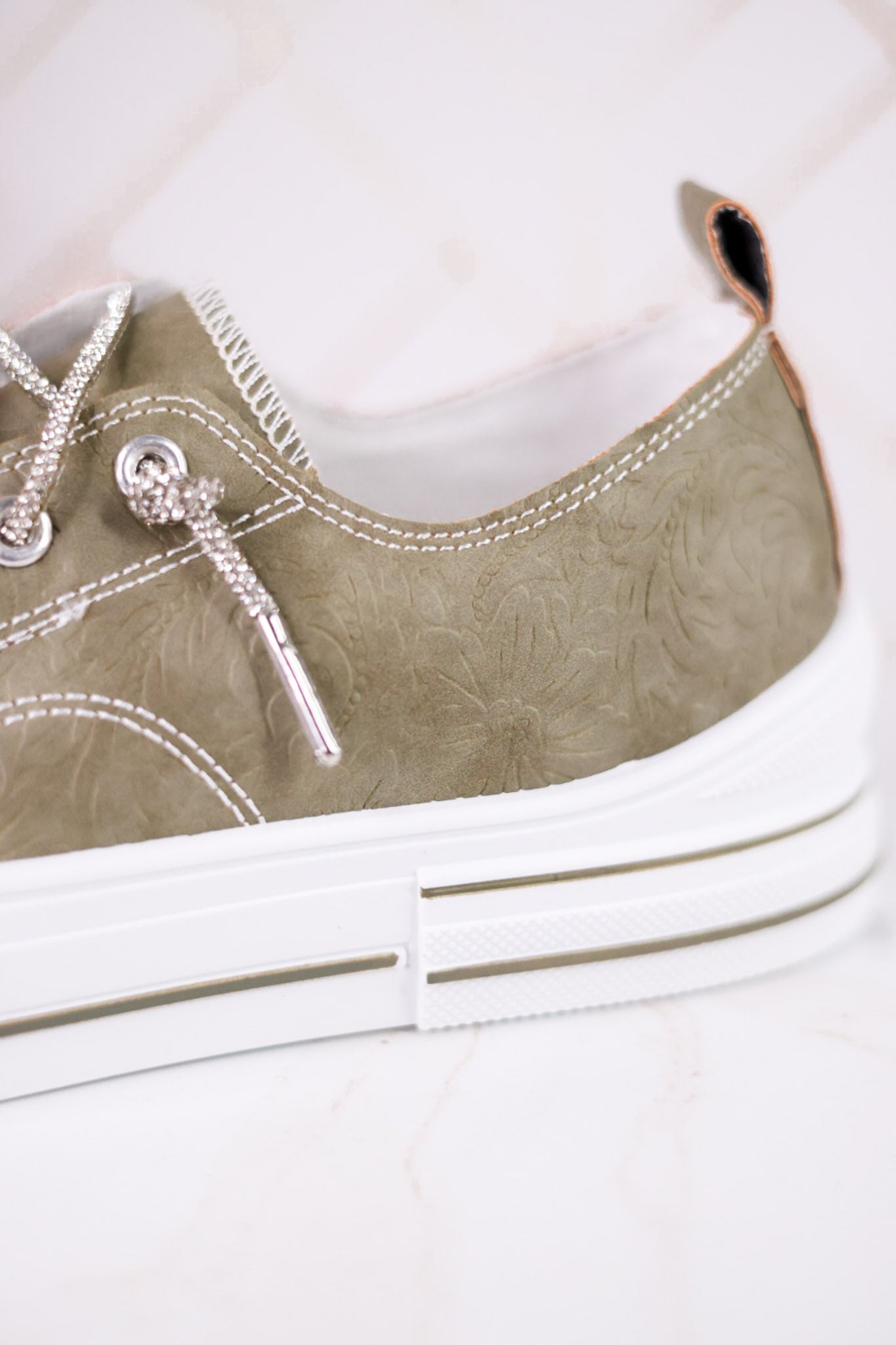 Sage Faux Leather Aman Sneakers With Floral Tooling