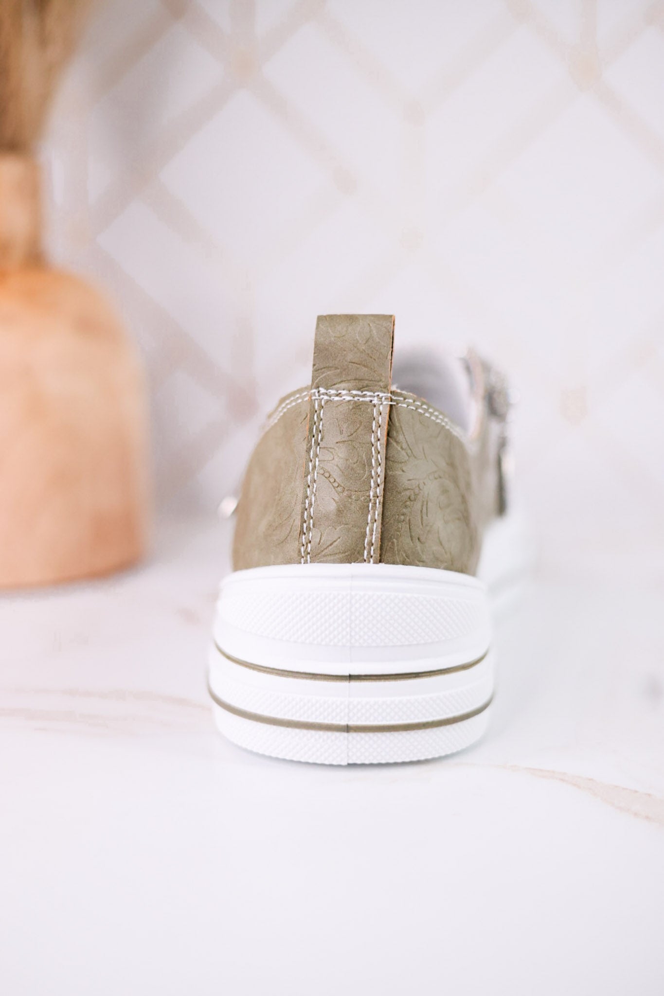 Sage Faux Leather Aman Sneakers With Floral Tooling