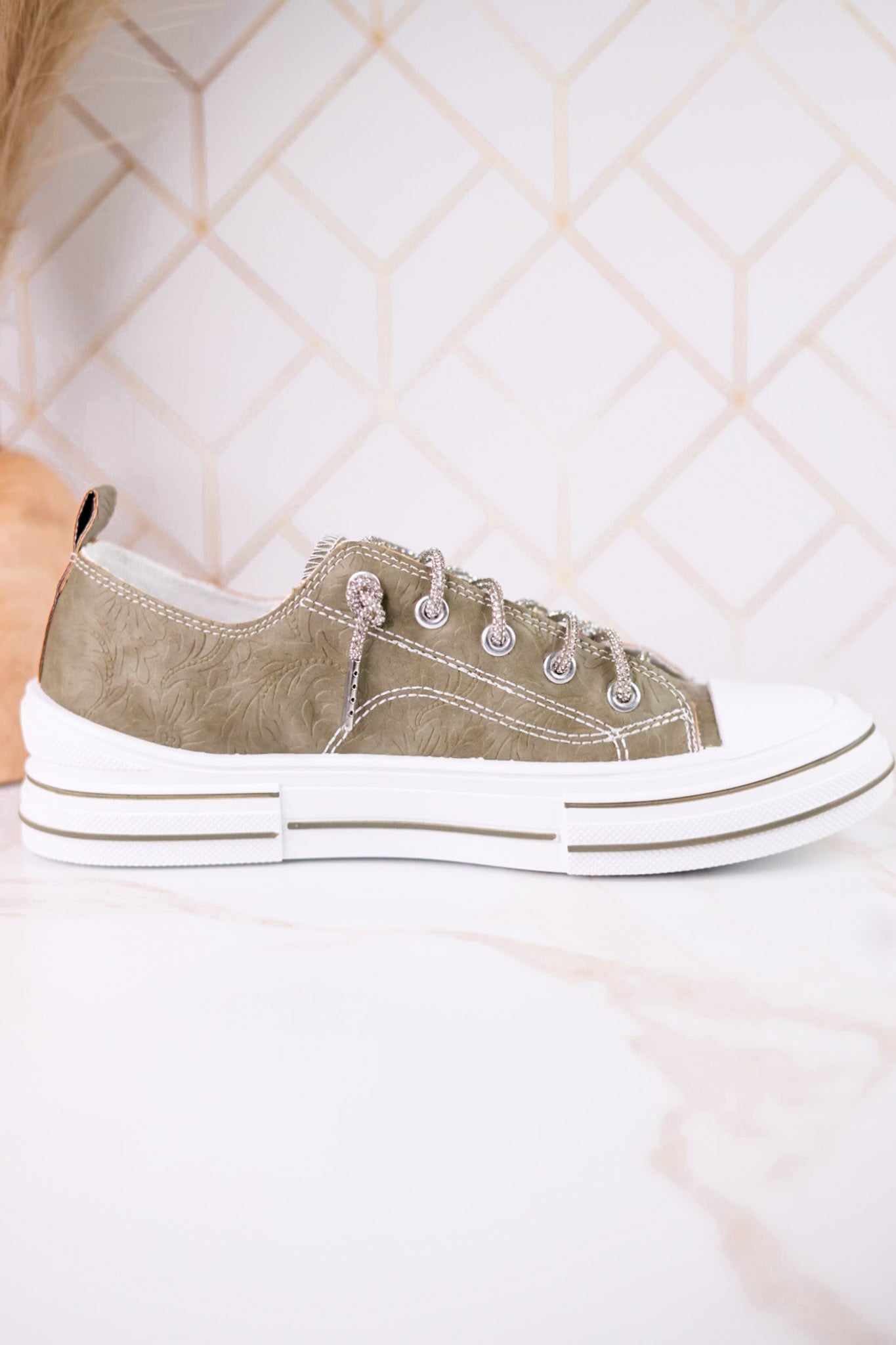 Sage Faux Leather Aman Sneakers With Floral Tooling