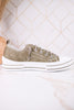Sage Faux Leather Aman Sneakers With Floral Tooling