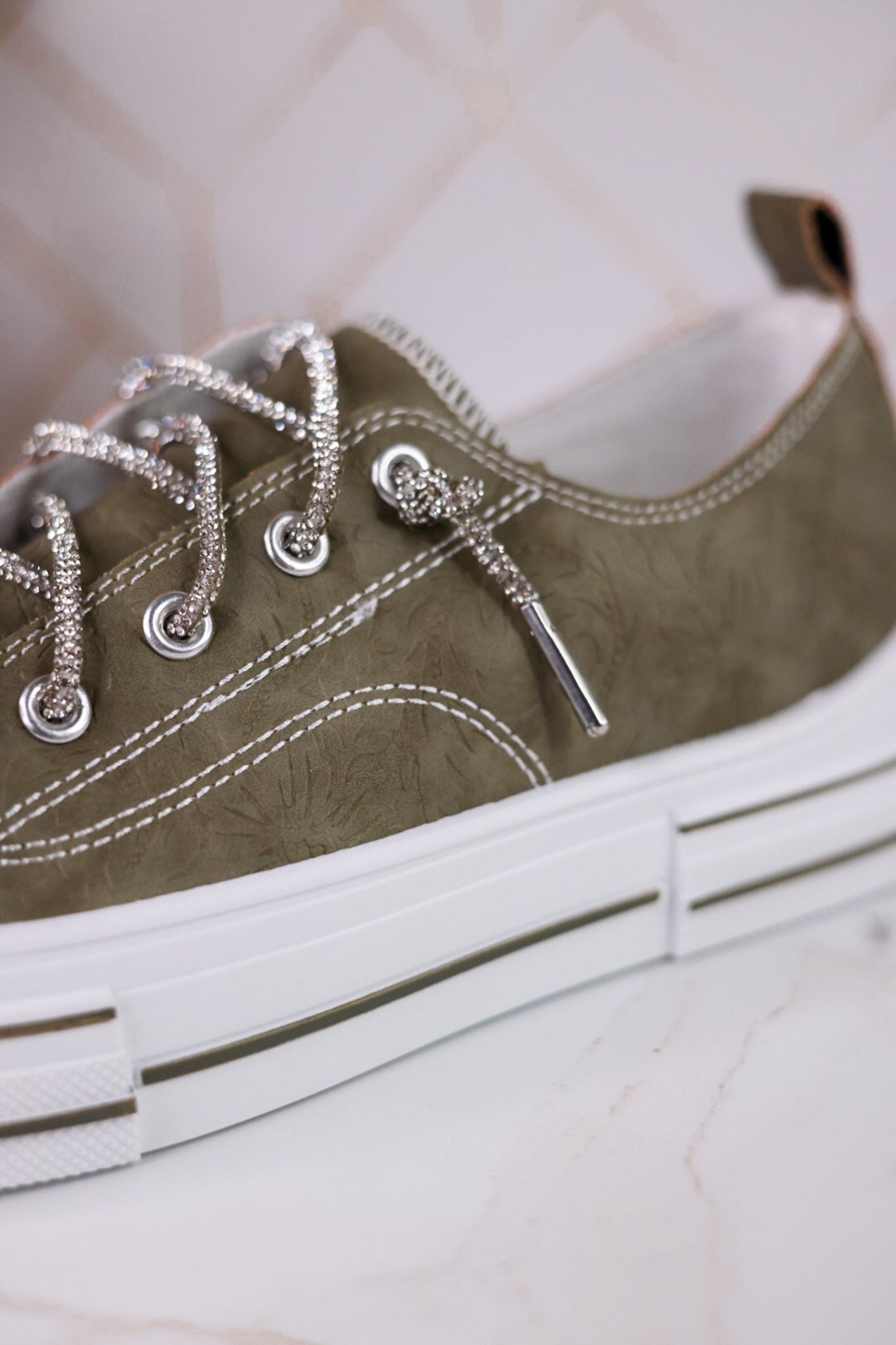 Sage Faux Leather Aman Sneakers With Floral Tooling