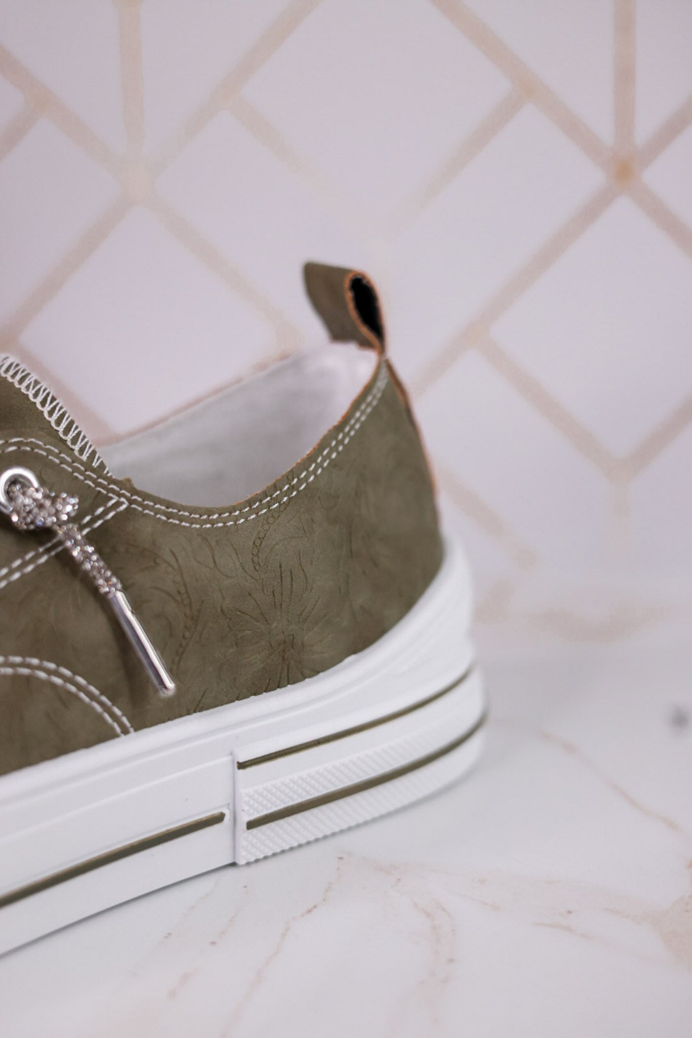 Sage Faux Leather Aman Sneakers With Floral Tooling