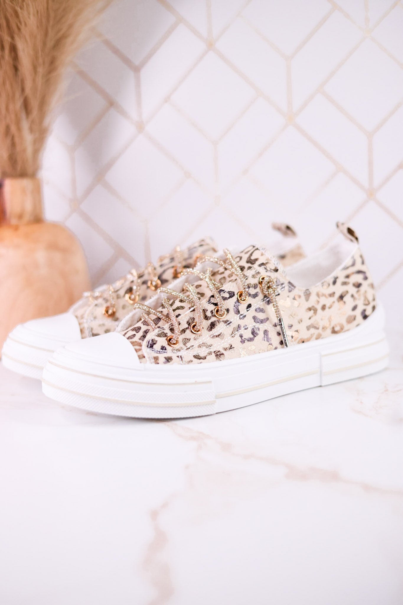Metallic Leopard Print Aman Sneakers With Rhinestone Laces