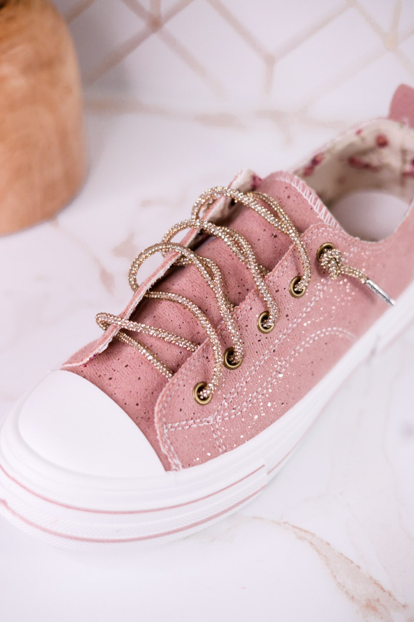 Blush Pink Suede Aman Sneakers With Metallic Splash