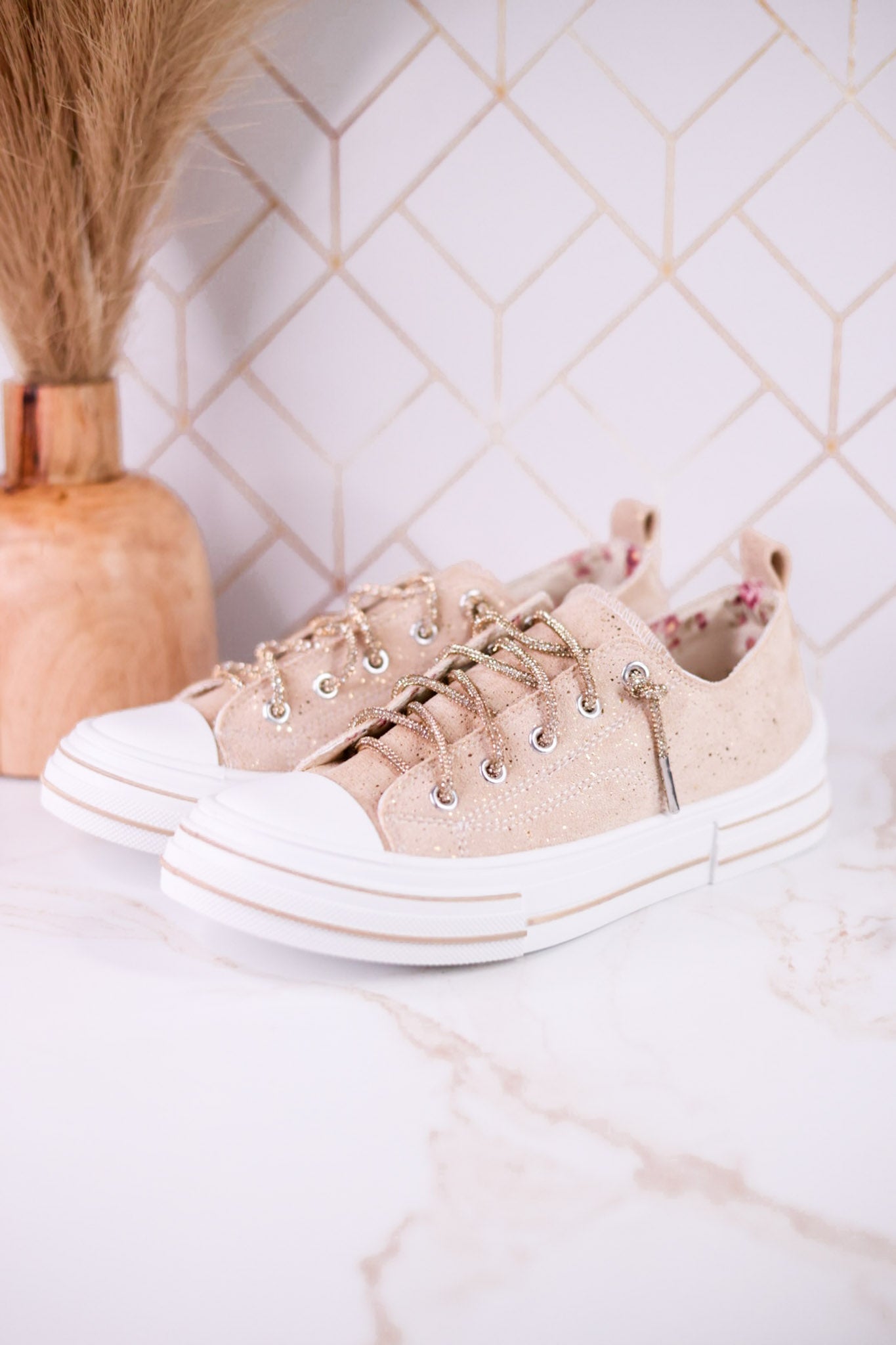 Nude Suede Aman Sneakers With Metallic Splash