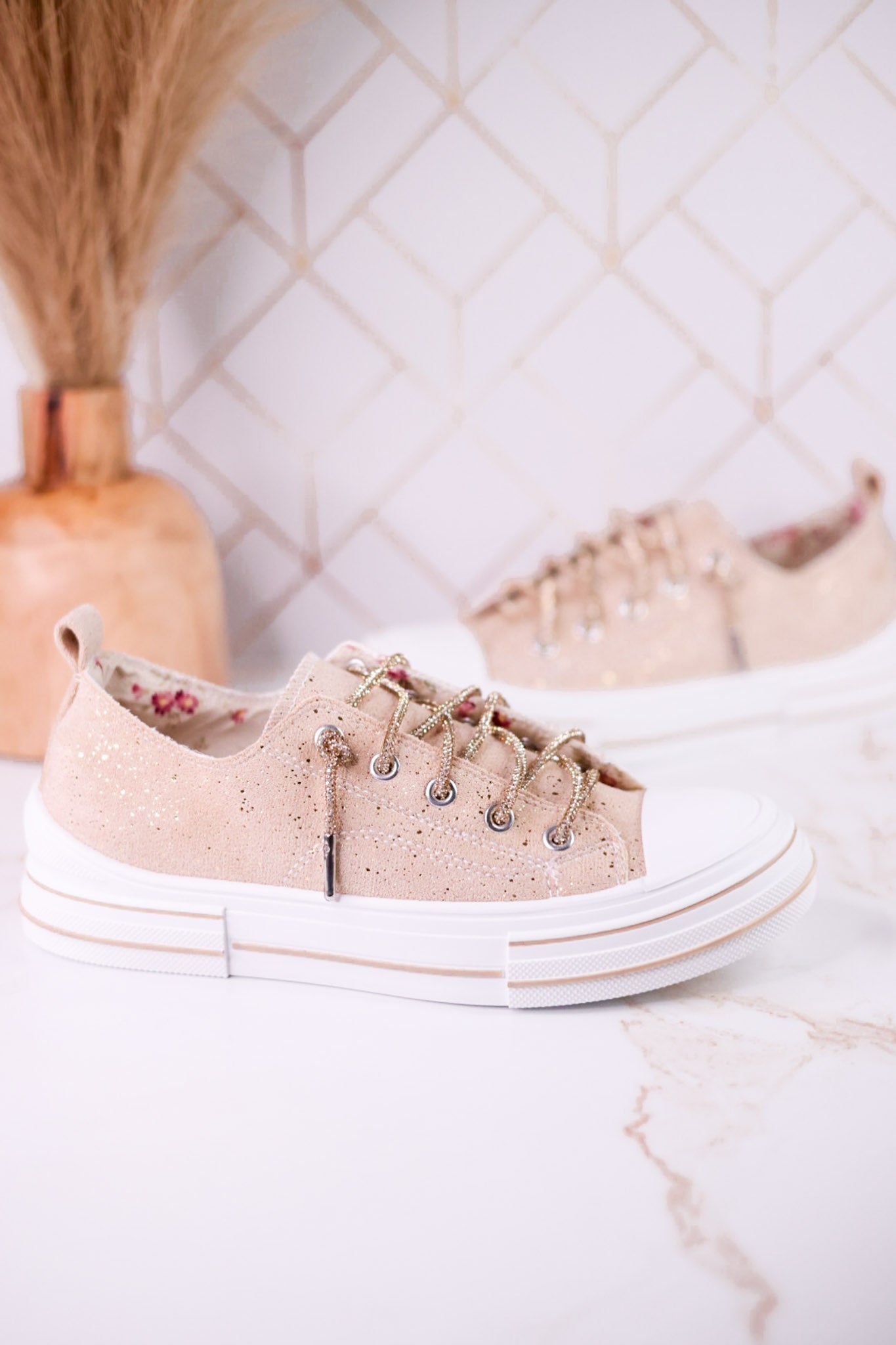 Nude Suede Aman Sneakers With Metallic Splash